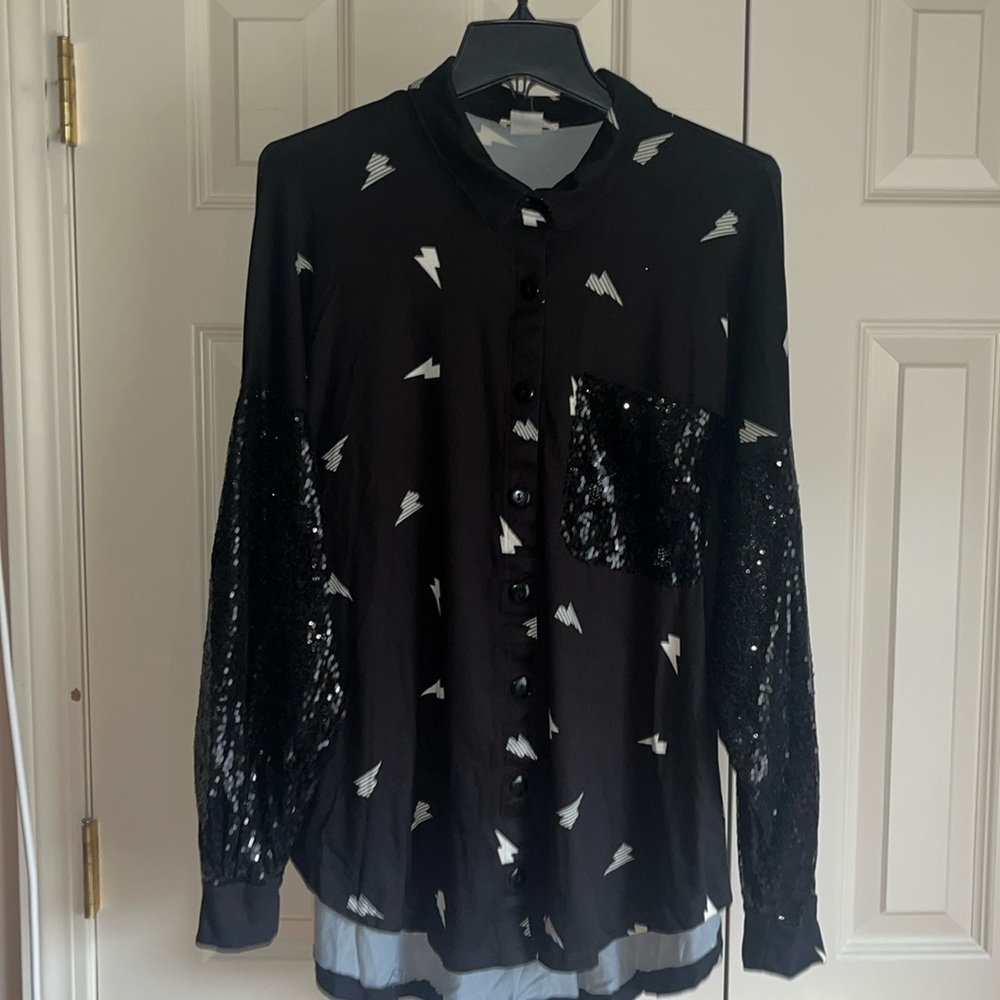Valmarie black button down with sequined sleeves and front pocket